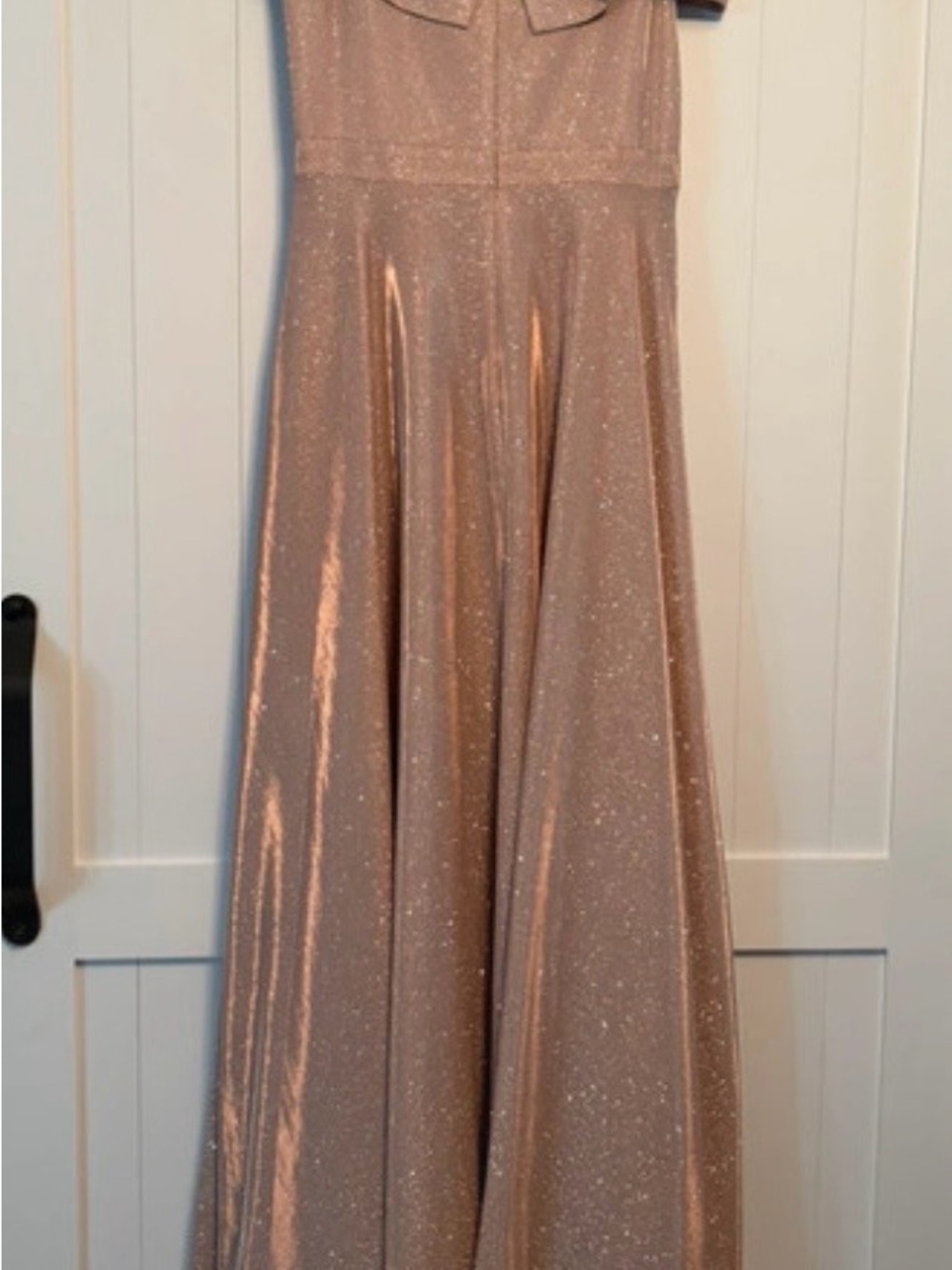 Xscape Champagne Glitter Off-the-Shoulder A-Line Gown - Picture 2 of 5